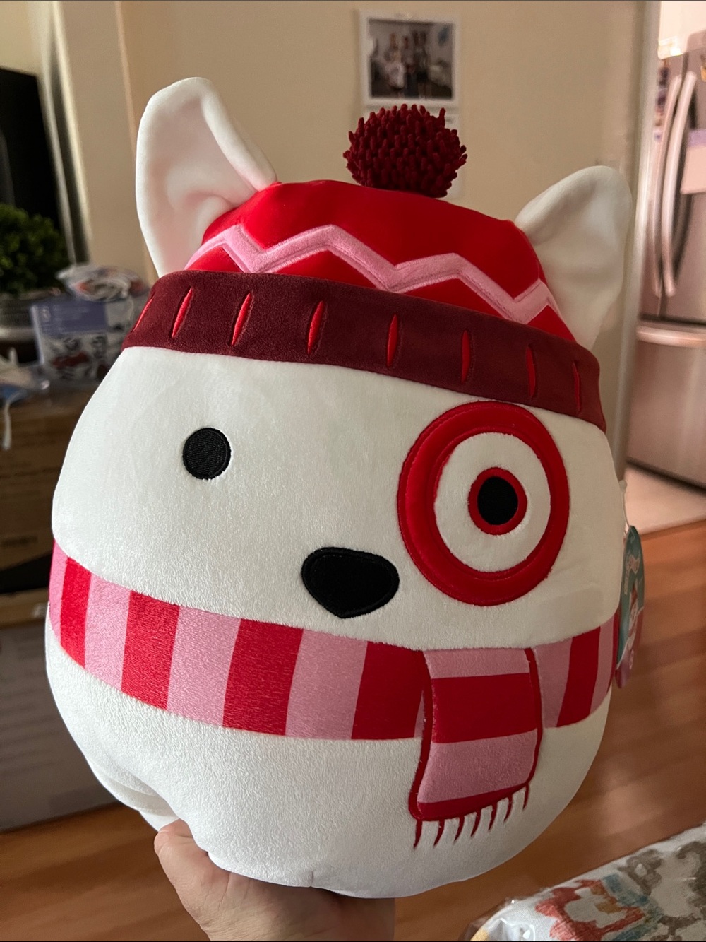 Squishmallows White Plush Fox with Red & Pink Winter Hat